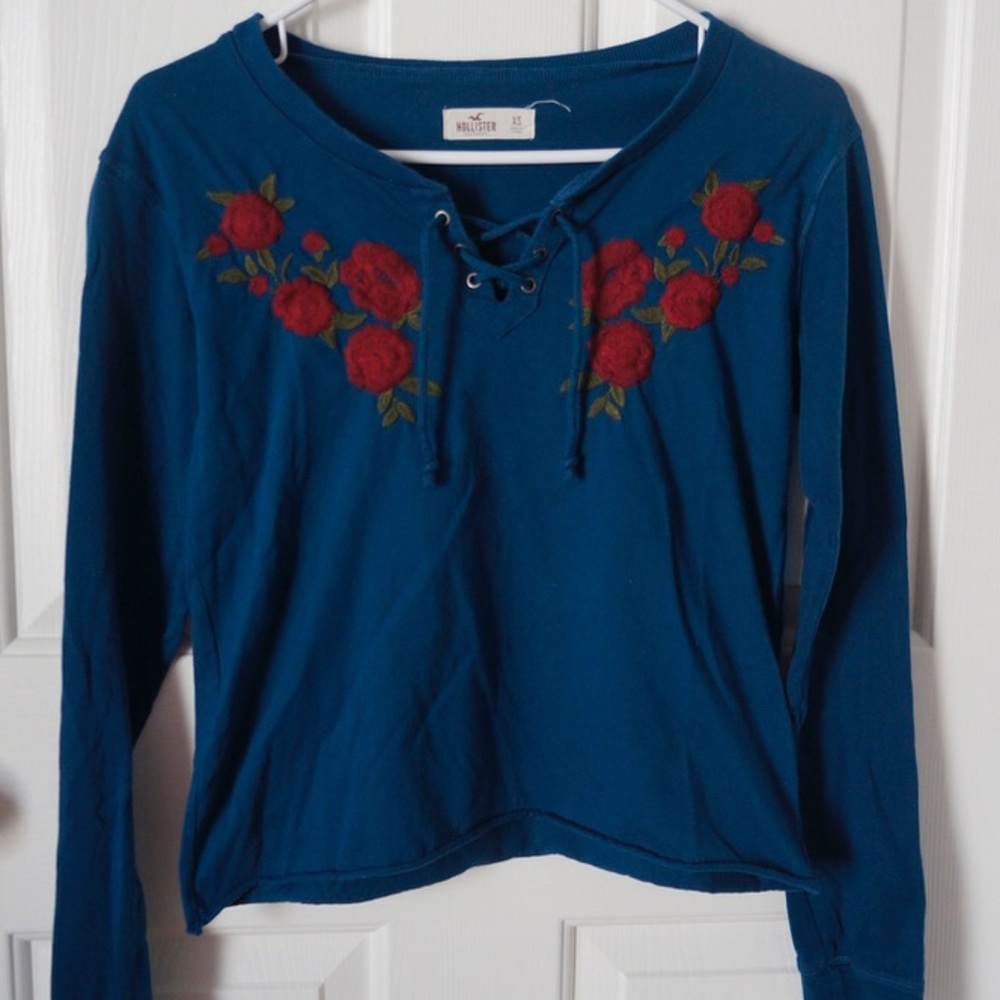 Hollister Oversized Lace Up Embroidered Top